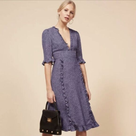 Reformation Dresses & Skirts - Reformation Dress “Suri” Violet Blue Ruffle Prairie Style Midi Sz 2 Excellent